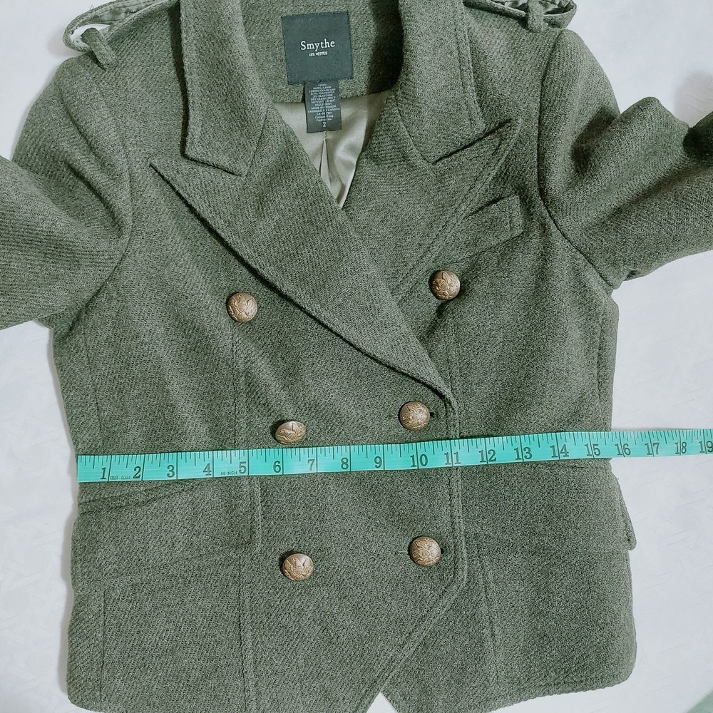 Smythe Wool Double Breasted Jacket Size 2 Green Structured Shoulders Military - Picture 5 of 11